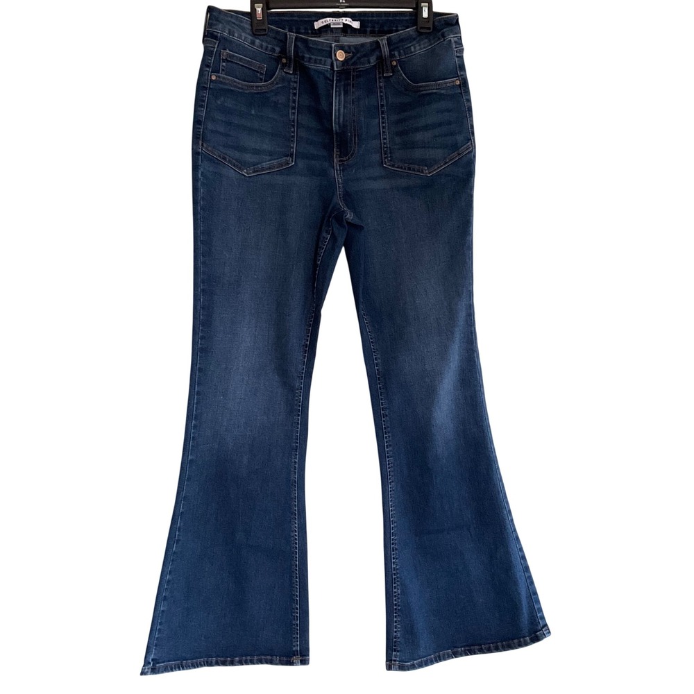Celebrity‎ Pink Flare Jeans Dark Wash High Rise Patch Pocket 15/32 Stretch Retro